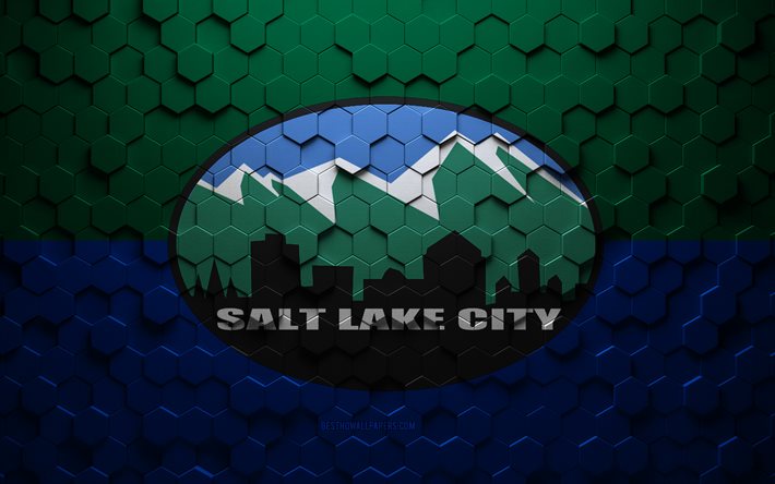 Drapeau de Salt Lake City, art en nid d&#39;abeille, drapeau des hexagones de Salt Lake City, Salt Lake City, art des hexagones 3d, drapeau de Salt Lake City