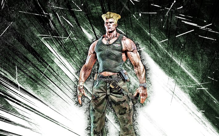 4k, Guile, art grunge, guerriers, Street Fighter, rayons abstraits verts, protagoniste, Guile Street Fighter
