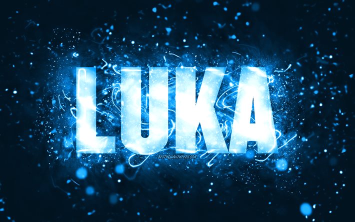 Happy Birthday Luka, 4k, blue neon lights, Luka name, creative, Luka Happy Birthday, Luka Birthday, popular american male names, picture with Luka name, Luka