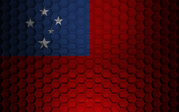 Drapeau de Samoa, texture d&#39;hexagones 3d, Samoa, texture 3d, drapeau de Samoa 3d, texture en m&#233;tal, drapeau de Samoa