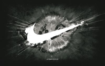 Nike logo, grunge art, white stone background, Nike white logo, Nike, creative art, Nike grunge logo