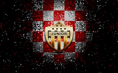 Atletico Junior FC, logo glitter, Categoria Primera A, sfondo a scacchi bianchi rossi, calcio, club di calcio colombiano, logo Atletico Junior, arte del mosaico, Atletico Junior, Campionato di calcio colombiano