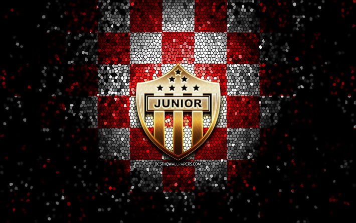 Atletico Junior FC, glitter logotyp, Kategori F&#246;rsta, r&#246;d vit rutig bakgrund, fotboll, colombianska fotbollsklubben, Atletico Junior logotyp, mosaik konst, fotbollsplan, Atletico Junior, Colombianska fotbollsligan