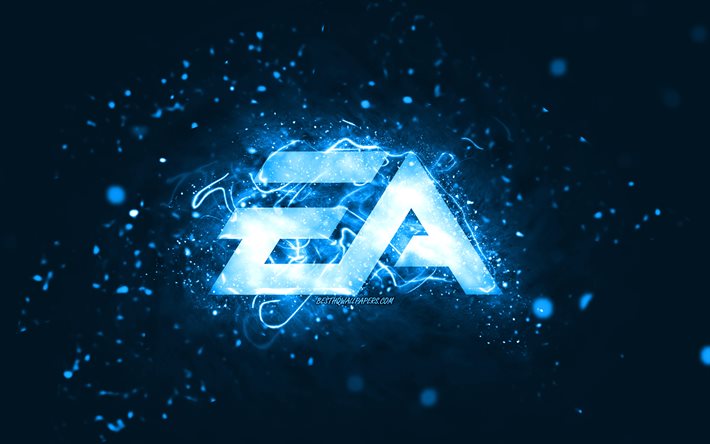 EA GAMES sininen logo, 4k, Electronic Arts, siniset neonvalot, luova, sininen abstrakti tausta, EA GAMES -logo, online -pelit, EA GAMES