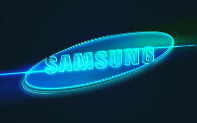 Samsung logo, 4k, light art, Samsung emblem, blue light line background, Samsung neon logo, creative art, Samsung