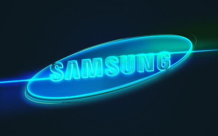 Samsungs logotyp, 4k, ljuskonst, Samsungs emblem, bl&#229; ljuslinje bakgrund, Samsung neonlogotyp, kreativ konst, Samsung