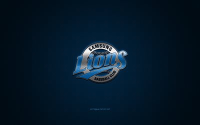 Samsung Lions, club de baseball sud-coréen, KBO League, logo bleu, fond bleu en fibre de carbone, baseball, Daegu, Corée du Sud, logo Samsung Lions