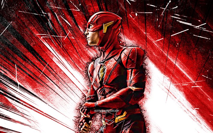 4k, The Flash, raios abstratos vermelhos, Liga da Justi&#231;a, Barry Allen, super-her&#243;is, DC Comics, arte grunge, The Flash 4K, criativo, Flash