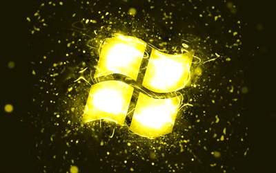 Windows yellow logo, 4k, yellow neon lights, creative, yellow abstract background, Windows logo, OS, Windows