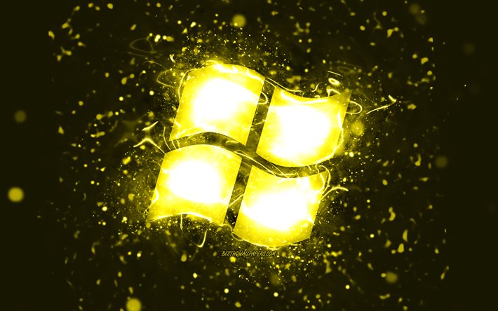 Windowsin keltainen logo, 4k, keltaiset neonvalot, luova, keltainen abstrakti tausta, Windows -logo, k&#228;ytt&#246;j&#228;rjestelm&#228;, Windows