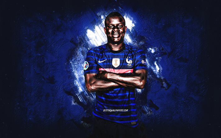 NGolo Kante, France national football team, portrait, blue stone background, French football player, France, football
