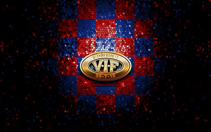 HC Valerenga, glitter logo, Fjordkraft-ligaen, red blue checkered background, hockey, Eliteserien, norwegian hockey team, Valerenga logo, mosaic art, Valerenga, VIF, Norway, Valerenga Ishockey, VIF logo