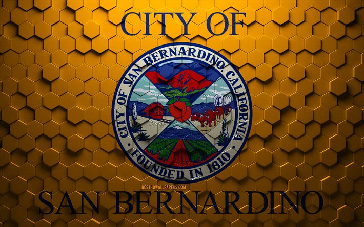 Drapeau de San Bernardino, Californie, art en nid d&#39;abeille, drapeau des hexagones de San Bernardino, San Bernardino, art des hexagones 3d, drapeau de San Bernardino