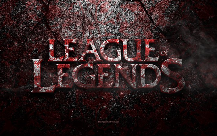 Logotipo de League of Legends, arte grunge, logotipo de pedra de League of Legends, textura de pedra vermelha, League of Legends, textura de pedra de grunge, emblema de League of Legends, logotipo em 3D de League of Legends