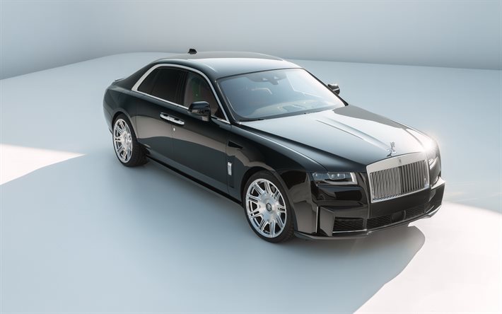 2021, Rolls-Royce Ghost, Spofec, 4k, front view, exterior, new black Ghost, black luxury sedan, British cars, Rolls-Royce