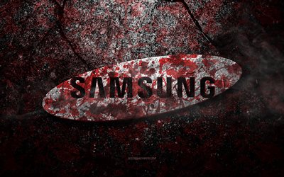 Logo Samsung, arte grunge, logo in pietra Samsung, trama in pietra rossa, Samsung, trama in pietra grunge, emblema Samsung, logo Samsung 3d