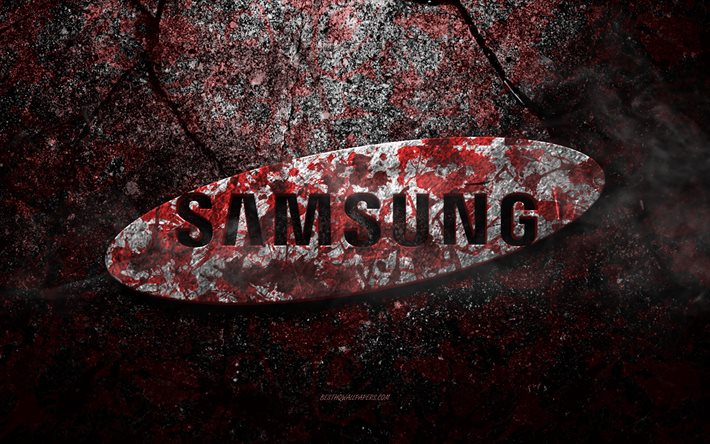 samsung-logo, grunge-kunst, samsung-stein-logo, rote steinstruktur, samsung, grunge-stein-textur, samsung-emblem, samsung 3d-logo