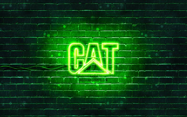 Caterpillar green logo, 4k, CAT, green brickwall, Caterpillar logo, brands, Caterpillar neon logo, Caterpillar, CAT logo