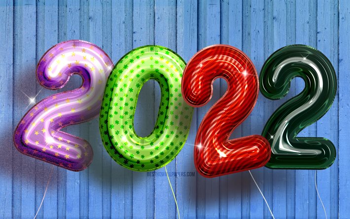 2022 cifre di palloncini colorati realistici, 4k, Felice Anno Nuovo 2022, palloncini colorati realistici, 2022 concetti, 2022 anno nuovo, 2022 su sfondo blu, cifre dell&#39;anno 2022