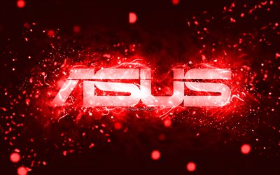 Asus red logo, 4k, red neon lights, creative, red abstract background, Asus logo, brands, Asus