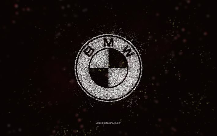 BMW glitter -logo, 4k, musta tausta, BMW -logo, valkoinen glitter -taide, BMW, creative art, BMW valkoinen glitter -logo
