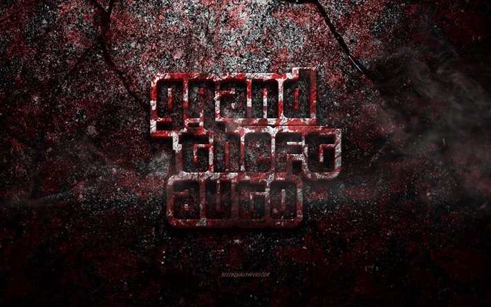 Logo GTA, art grunge, logo pierre GTA, texture pierre rouge, GTA, texture pierre grunge, embl&#232;me GTA, logo GTA 3d