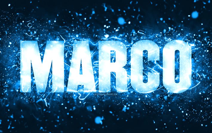 Joyeux anniversaire Marco, 4k, n&#233;ons bleus, nom de Marco, cr&#233;atif, joyeux anniversaire de Marco, anniversaire de Marco, noms masculins am&#233;ricains populaires, photo avec le nom de Marco, Marco