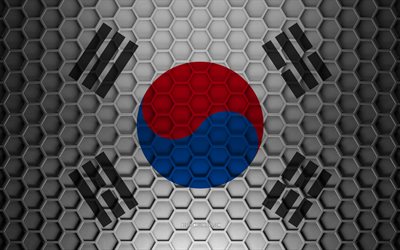 South Korea flag, 3d hexagons texture, South Korea, 3d texture, South Korea 3d flag, metal texture, flag of South Korea