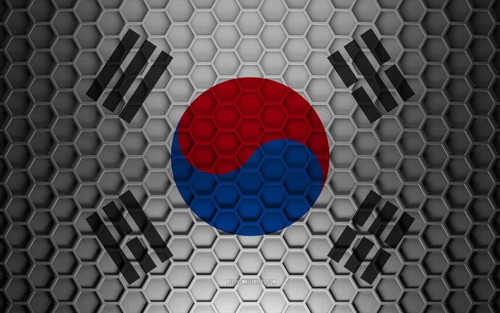 South Korea flag, 3d hexagons texture, South Korea, 3d texture, South Korea 3d flag, metal texture, flag of South Korea