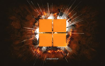 Logo di Windows 11, arte del grunge, Windows, sfondo pietra arancione, logo arancione di Windows 11, Windows 11, arte creativa, logo del grunge di Windows 11, logo di Windows