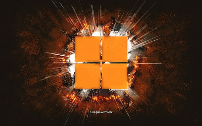 Logo Windows 11, art grunge, Windows, fond de pierre orange, logo orange Windows 11, Windows 11, art cr&#233;atif, logo grunge Windows 11, logo Windows