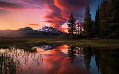 sunset, mountain, forest, USA, lake, nature USA