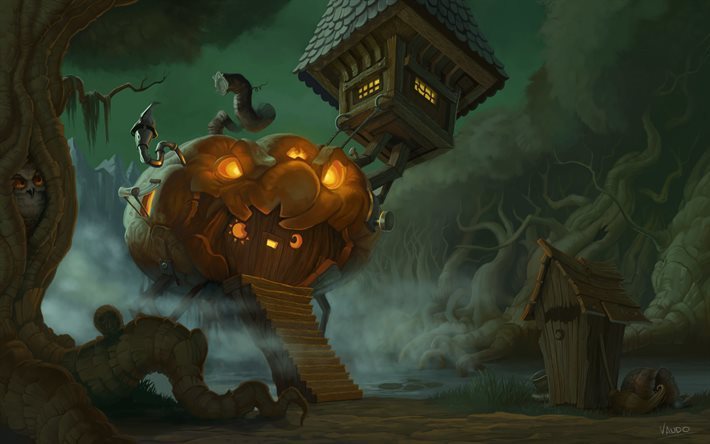 Happy Halloween, hut, forest, pumpkin