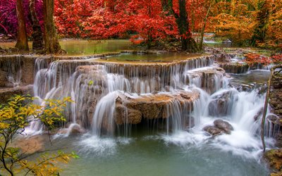 waterfall, autumn, red leaves, red trees, river, autumn forest