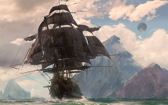 pirates, 4k, la mer, l&#39;art, le bateau pirate