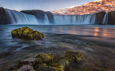 sunset, waterfall, Iceland, lake, stones, green moss