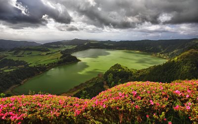 Sete Cidades, lake, summer, hills, Azores, Portugal