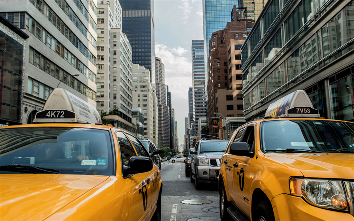 New York, 4k, yellow taxi, street, skyscrapers, USA, NYC, America