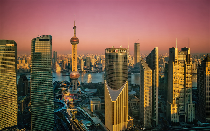 Orient Pearl Tower, Shanghai, sunset, skyscrapers, metropolis, China, Asia