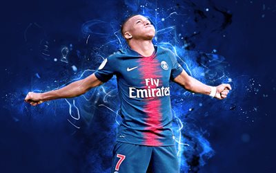Kylian Mbappe, goal, french footballer, PSG FC, Ligue 1, Paris Saint-Germain, Mbappe, football stars, neon lights, soccer