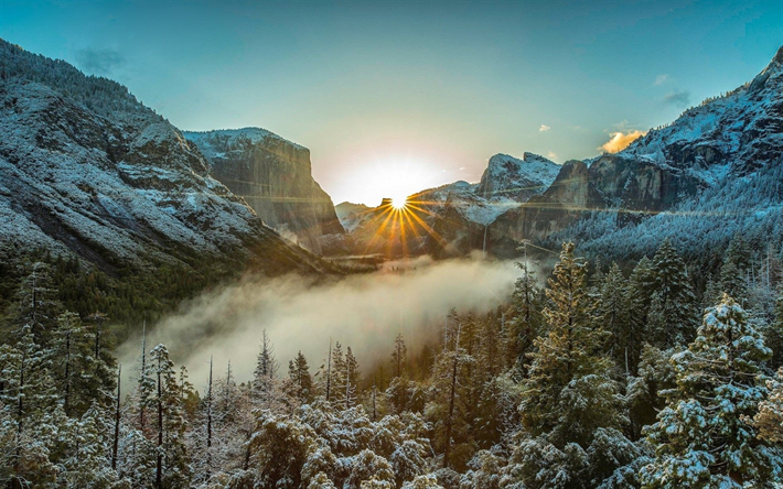 Yosemite Valley, sunset, talvi, mets&#228;, vuoret, Yosemite National Park, Sierra Nevada, USA, Amerikassa