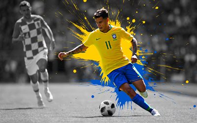 Philippe Coutinho, 4k, fan art, Brazilian football player, young football star, Brazil national football team, yellow blue splashes of paint