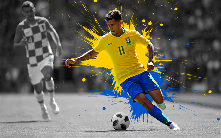Philippe Coutinho, 4k, fan art, futbolista Brasile&#241;o, joven estrella del f&#250;tbol, Brasil equipo de f&#250;tbol nacional, amarillo, azul salpicaduras de pintura