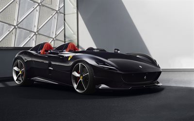 Ferrari Monza SP2, 2019, 4k, exclusif de voiture de sport, nouveau noir Monza SP2, convertibles, voitures de course, la Ferrari