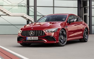 Mercedes AMG GT43, 2019, Four Door Coupe, 4k, exterior, tuning, new red GT43, front view, German cars, Mercedes