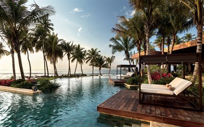 Caribbean island, hotel, sea, tropical island, palm trees, sunset, seascape, Puerto Rico