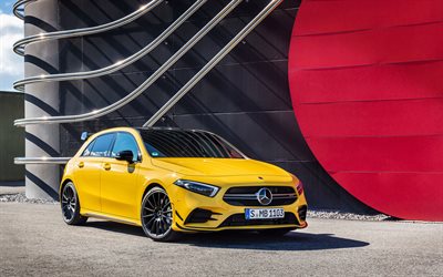 Mercedes-AMG A35, 2019, 4k, front view, yellow hatchback, tuning A35, new yellow A35, black wheels, German cars, Mercedes