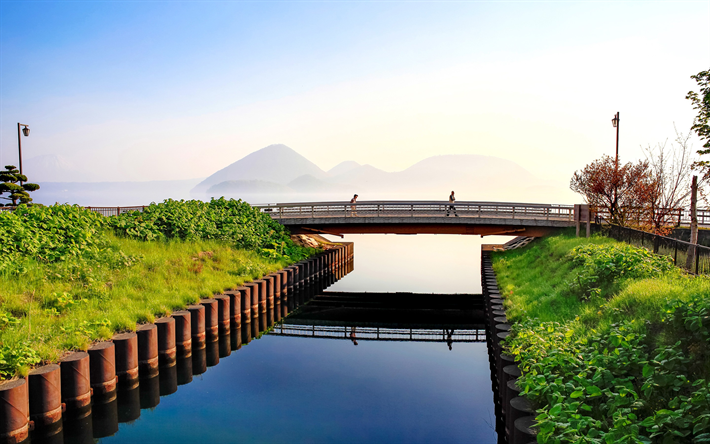 Hokkaido Lake, morning, bridge, mountains, Japan, Asia