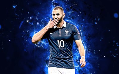 Karim Benzema, football stars, France National Team, fan art, Benzema, soccer, footballers, FFF, neon lights, French football team