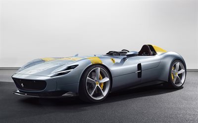 Ferrari Monza SP1, 2019, 4k, el monoplaza de carreras de coches, gris coup&#233; deportivo, vista de frente, italiano de superdeportivos, exclusivo, Ferrari